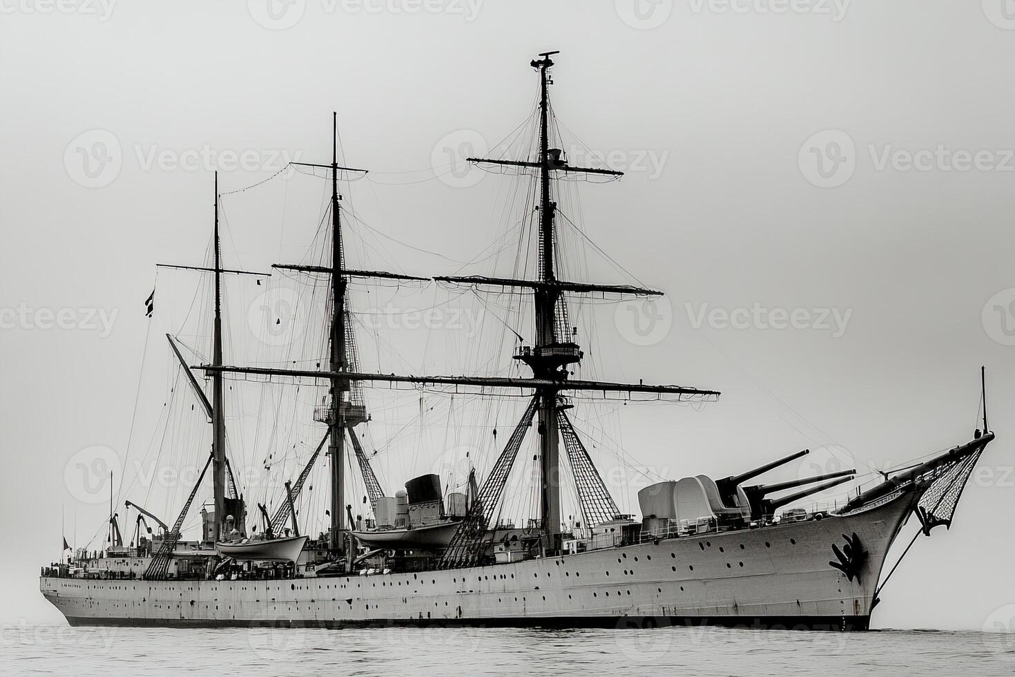 Historic naval ship sailing on calm waters in monochrome. photo
