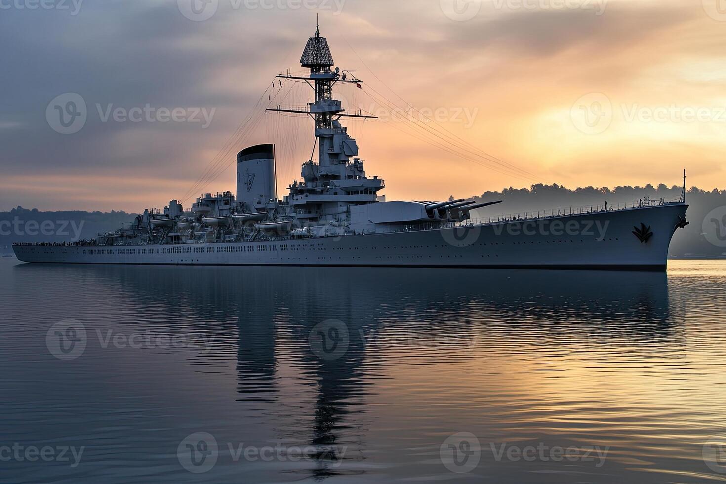 Battleship anchored at sunrise, reflecting on water. photo