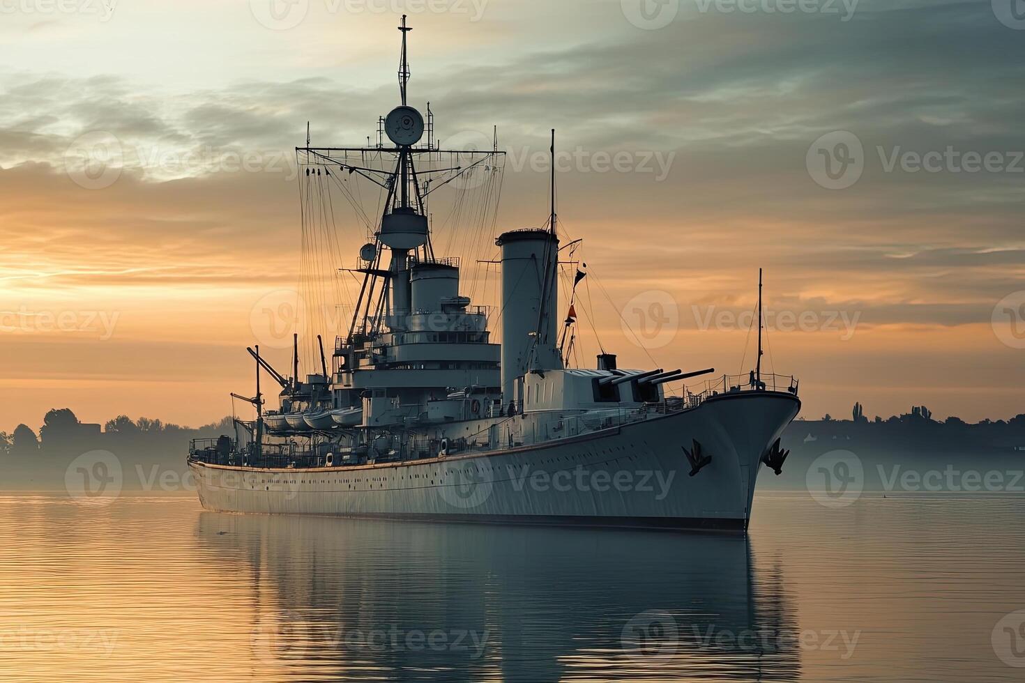 Historic warship docked at sunrise in tranquil waters. photo
