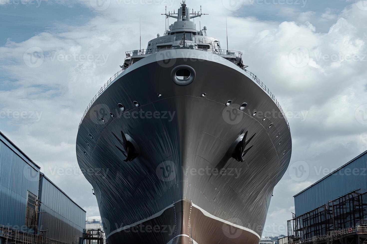 Large ship in dry dock under a cloudy sky. photo
