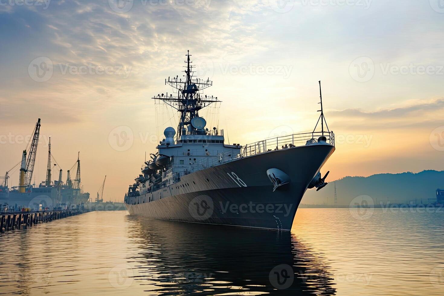 Military ship docked at sunset near industrial area. photo