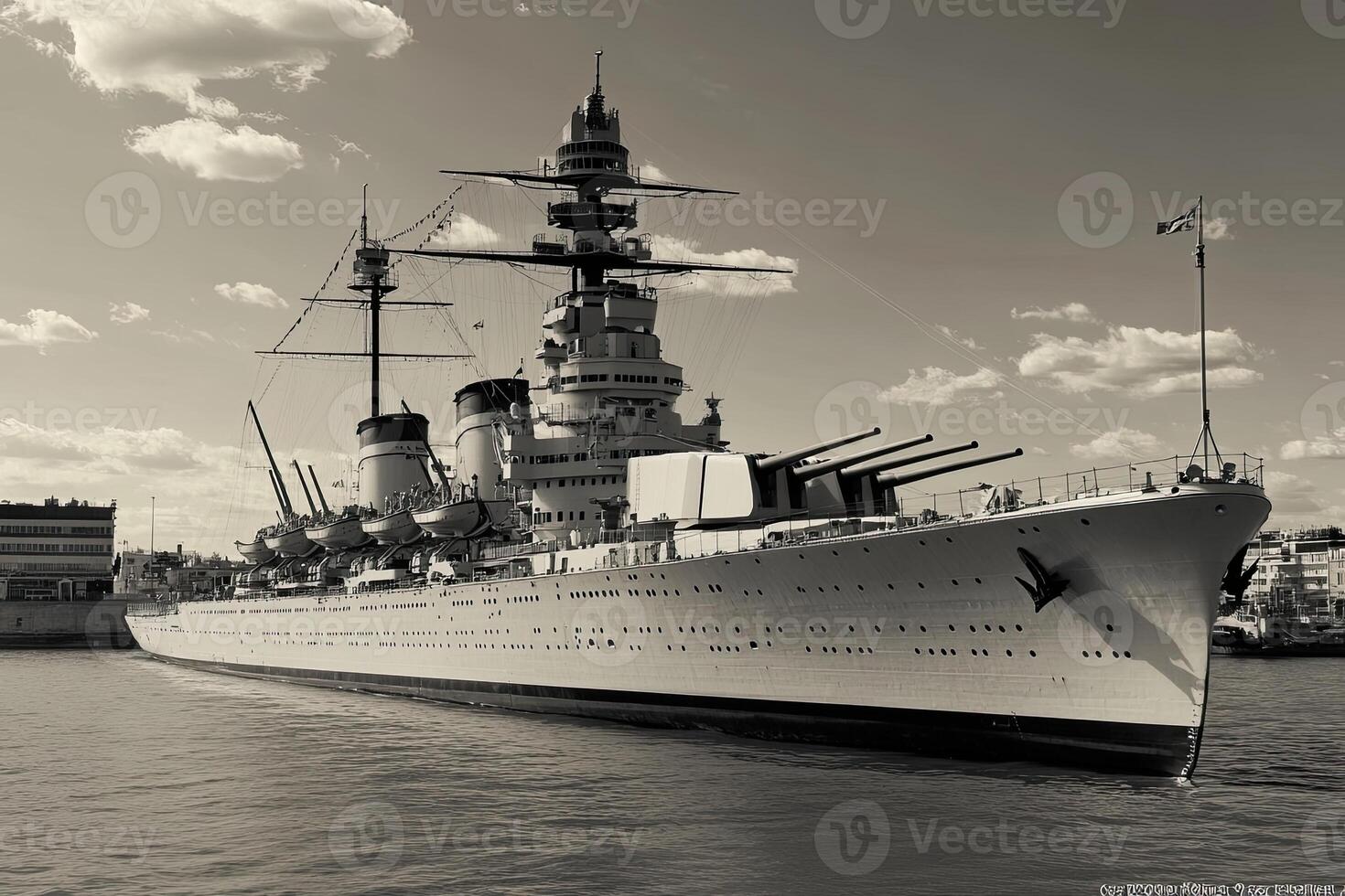 Historic battleship docked in a harbor. photo