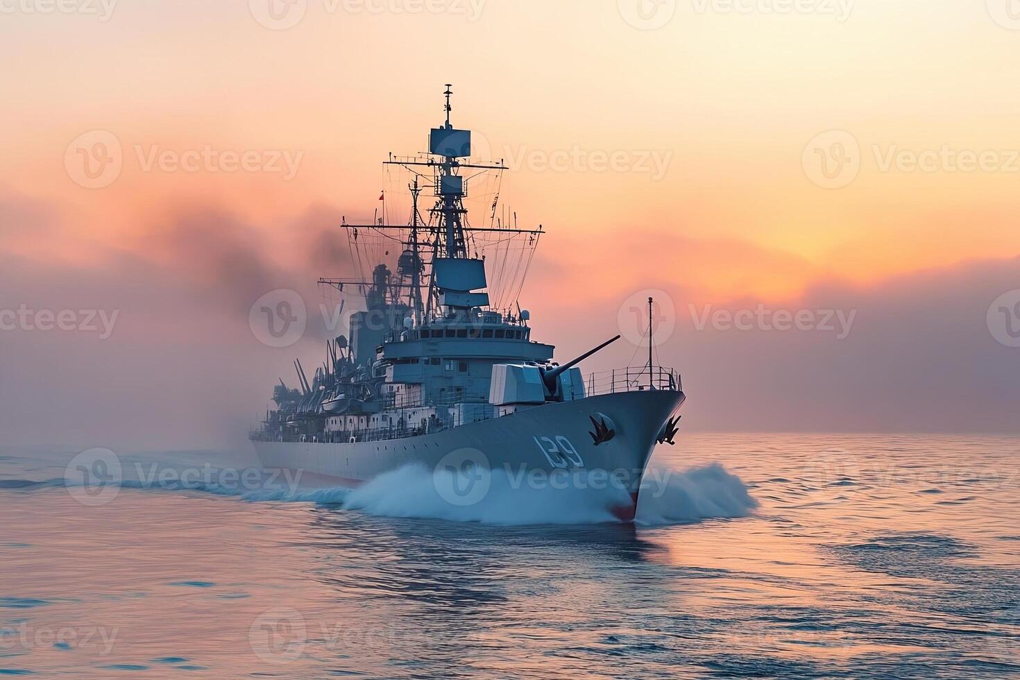 Naval ship navigating through fog at sunset. photo