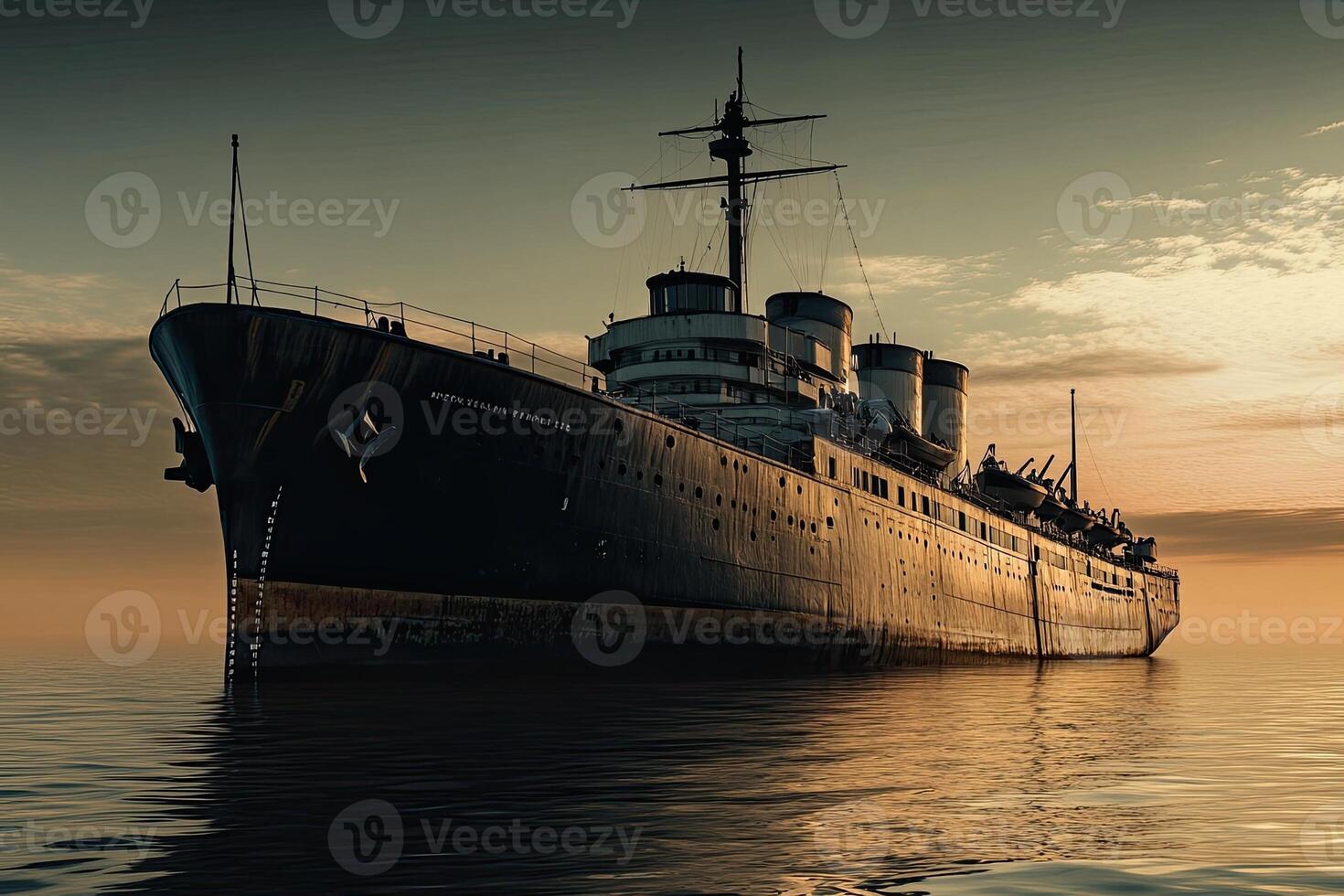 Vintage ship anchored in calm waters at sunset. photo