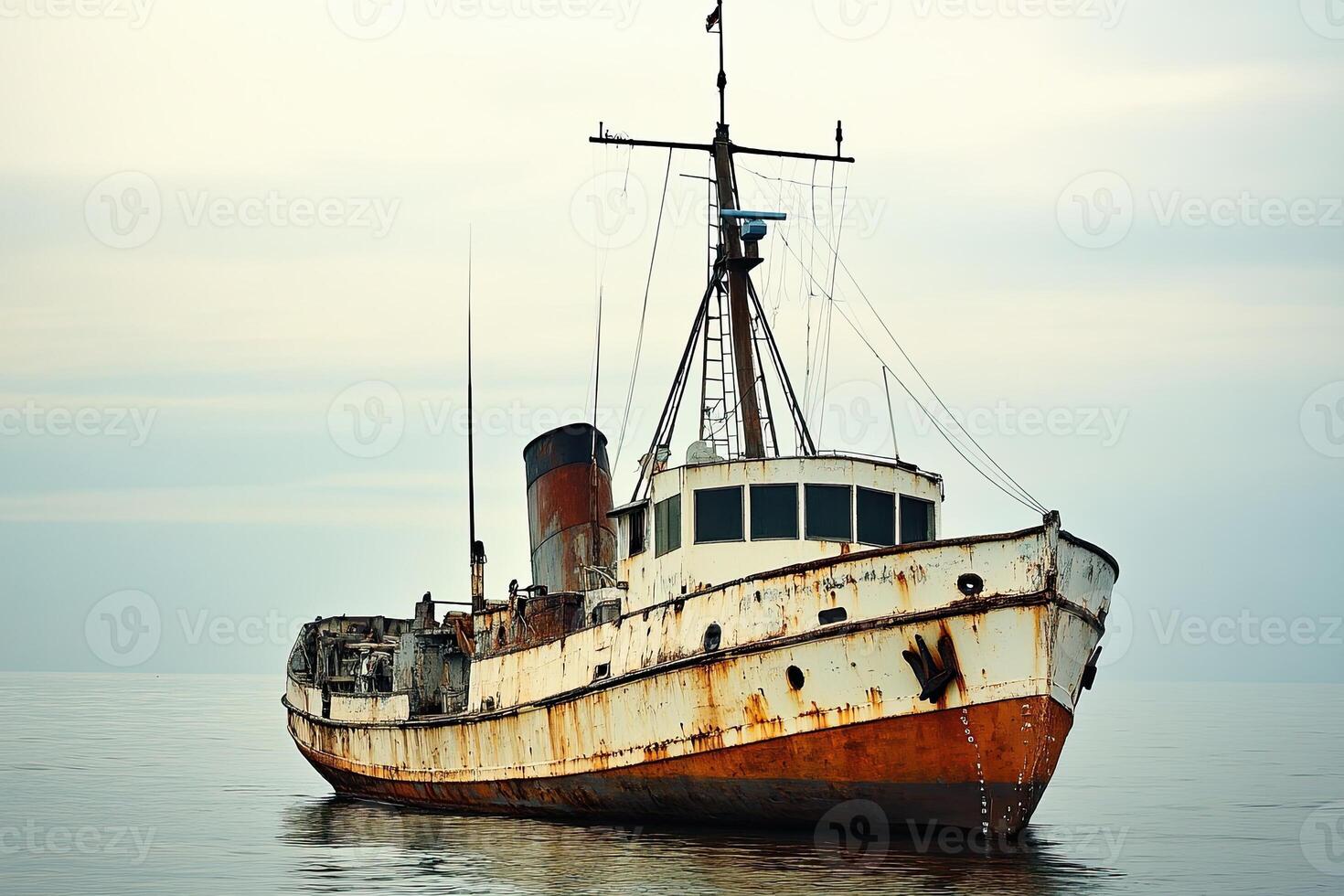 Rusty boat anchored in calm waters under a cloudy sky. photo