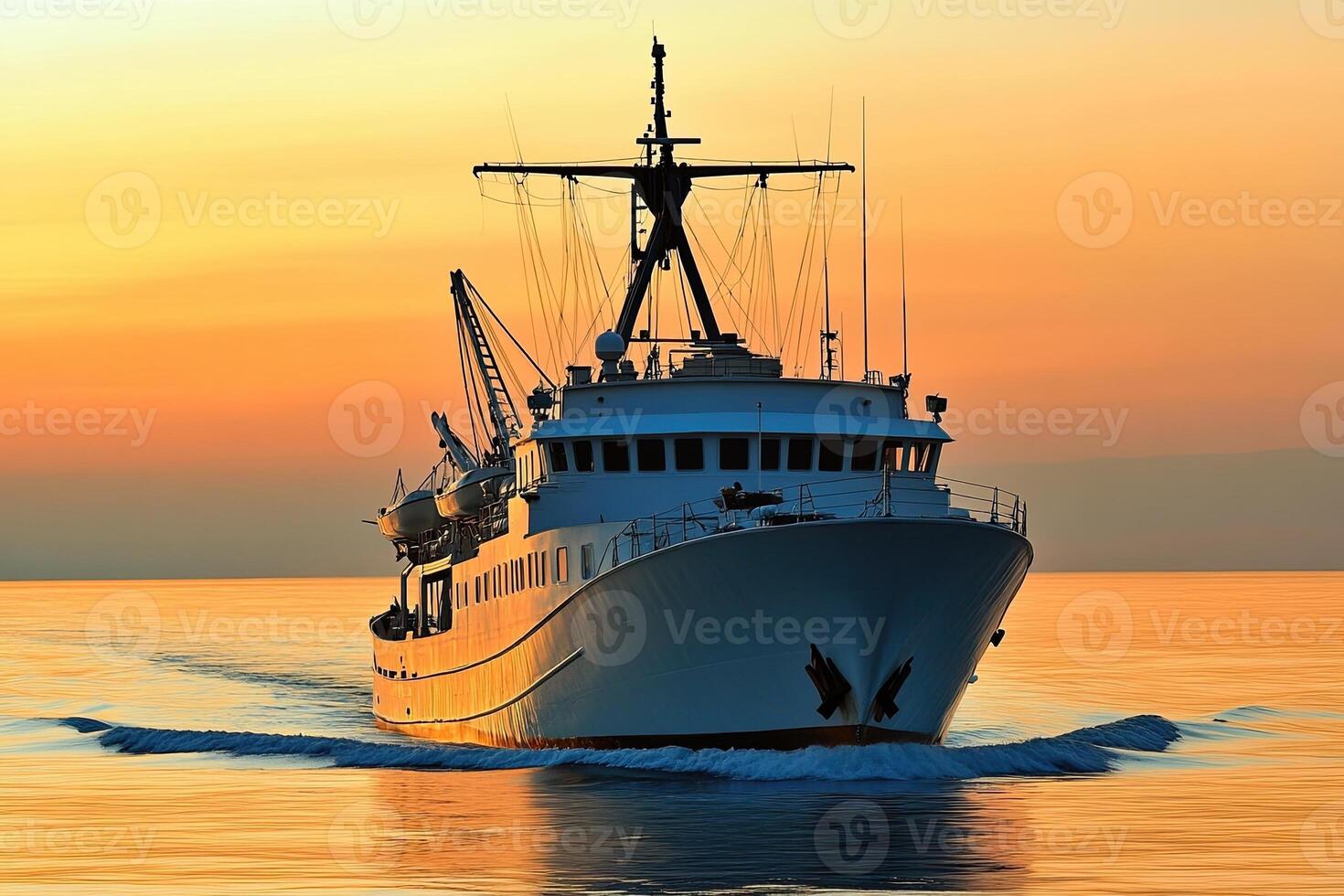 Ship navigating calm waters at sunset. photo