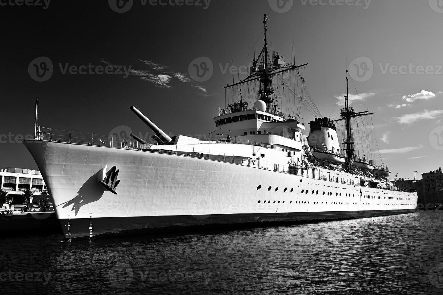 Black and white image of a large ship docked. photo