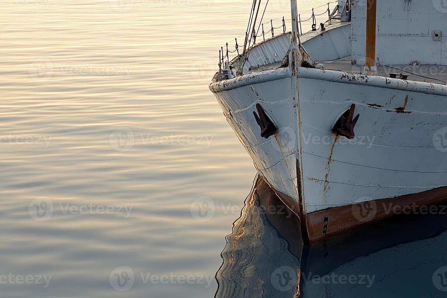 Boat bow reflecting on calm water at sunset. photo
