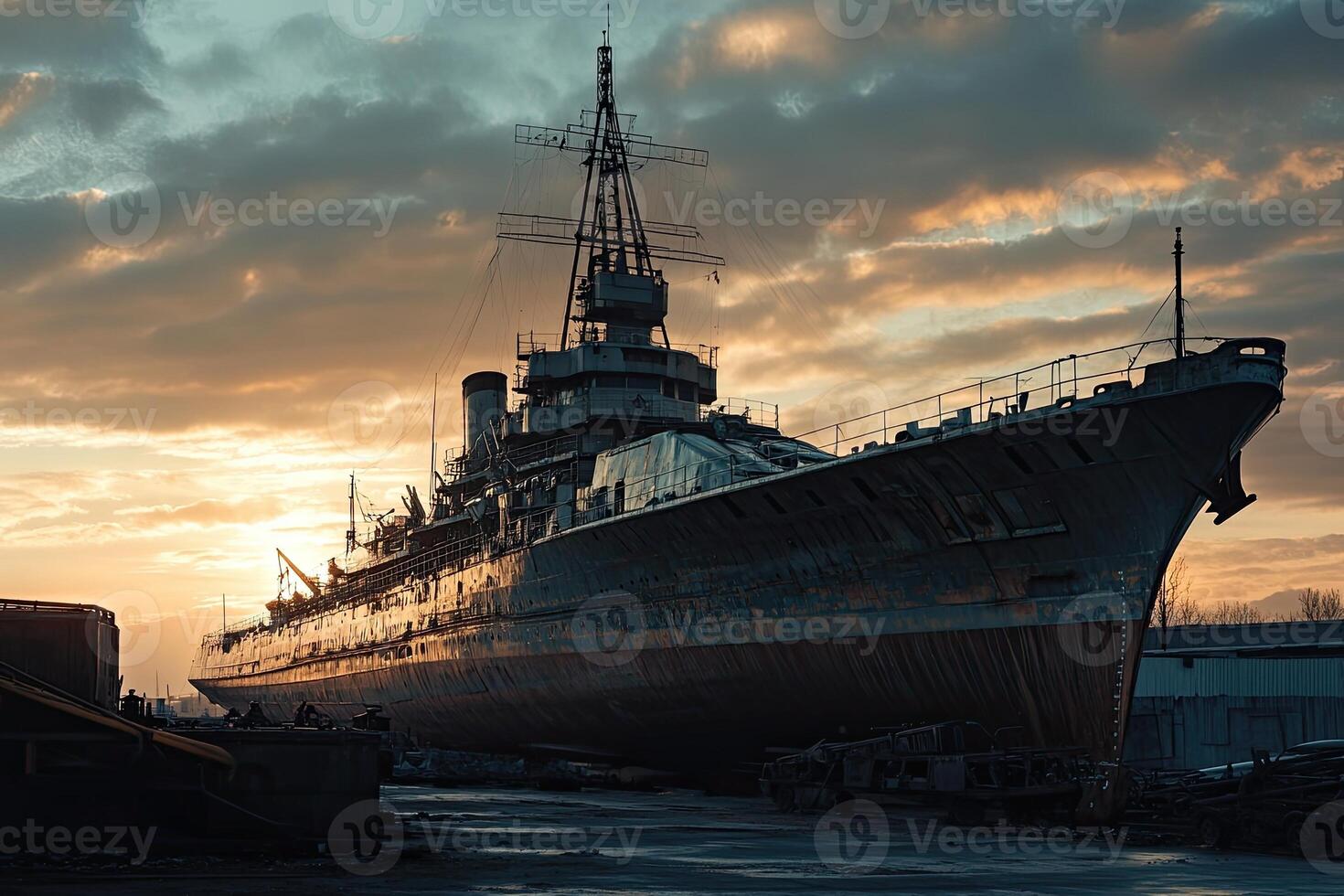 An abandoned ship at sunset, showcasing decay and history. photo
