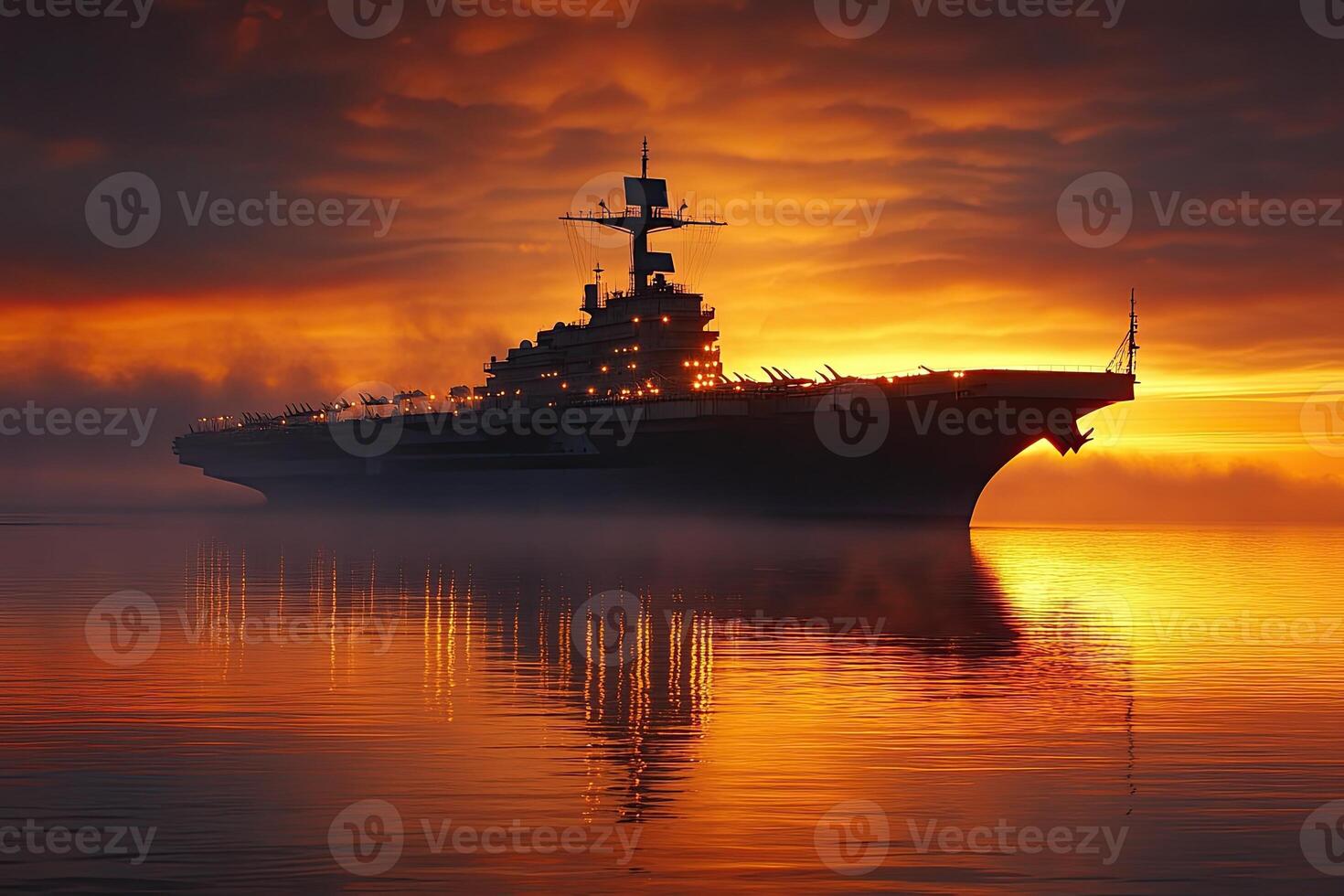 Aircraft carrier silhouetted against a vibrant sunset. photo