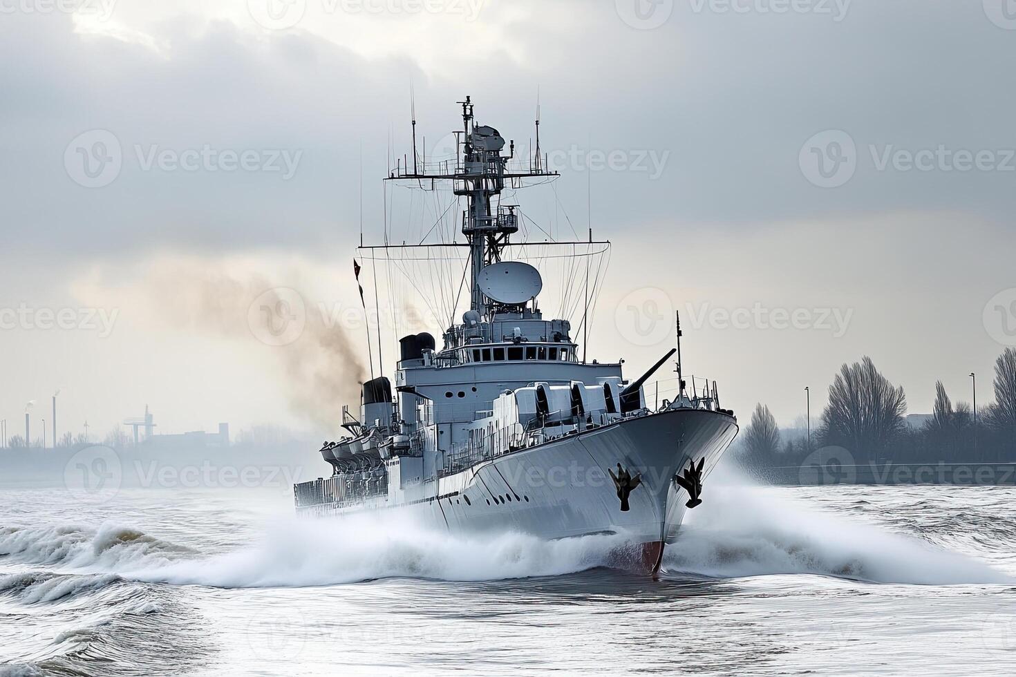 Naval ship navigating through turbulent waters. photo