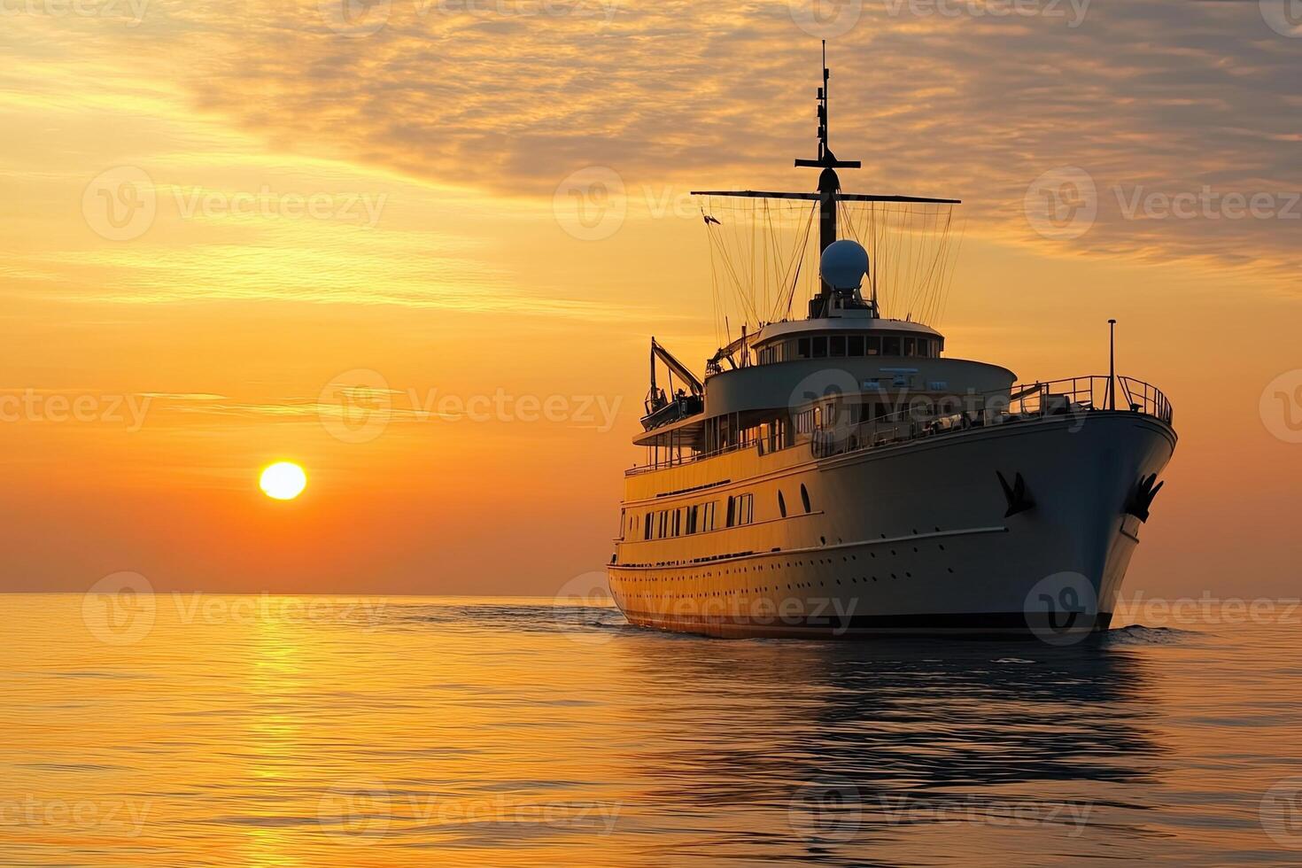 Yacht sailing at sunset over calm waters. photo