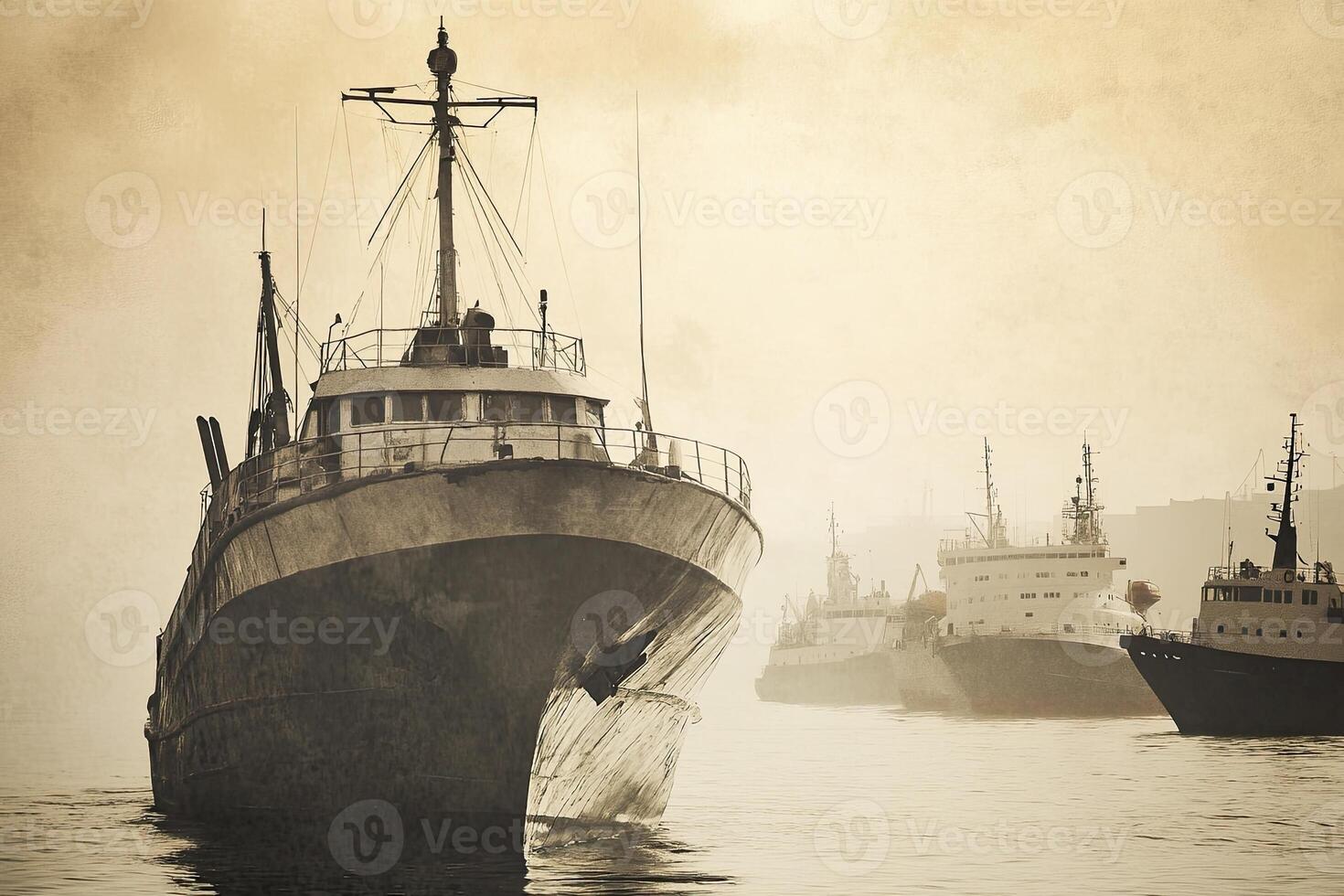 Vintage ships in misty waters create a nostalgic atmosphere. photo