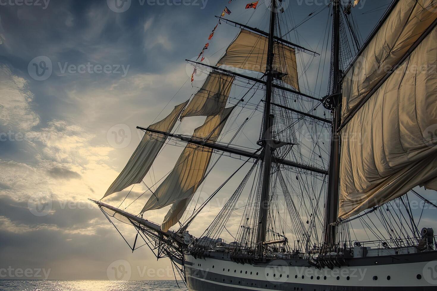 Sailing ship with billowing sails against a dramatic sky. photo