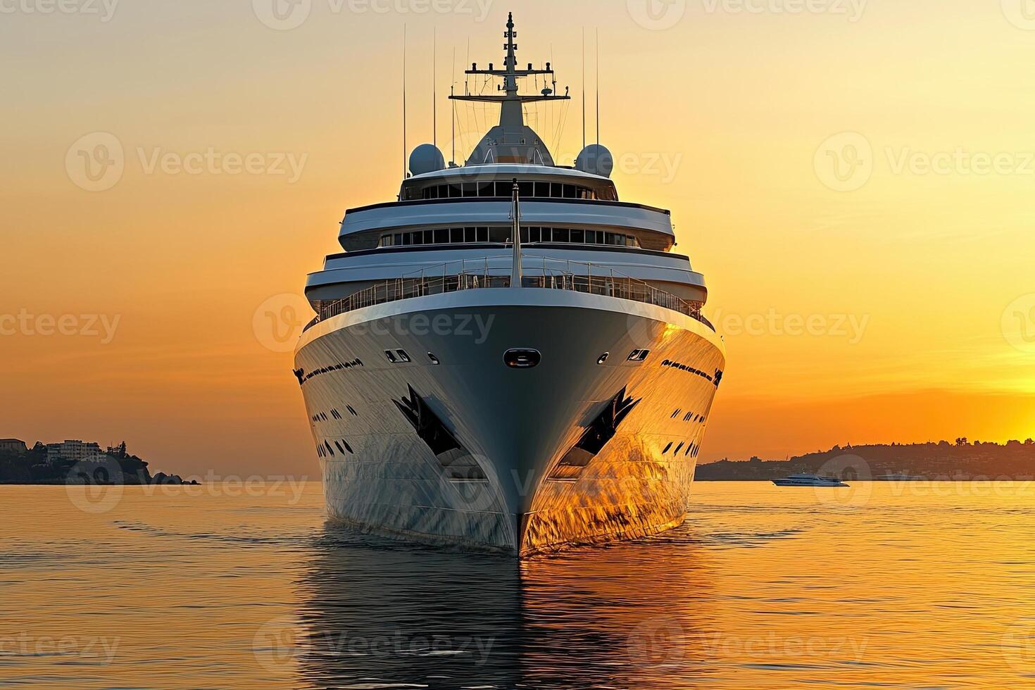 Luxury yacht sailing at sunset on calm waters. photo