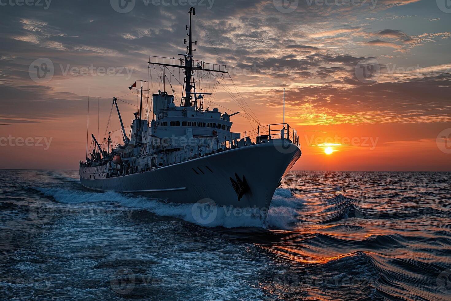 Ship navigating through water at sunset. photo