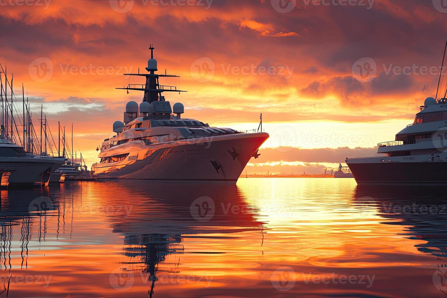 Luxury yacht at sunset reflecting in calm waters. photo