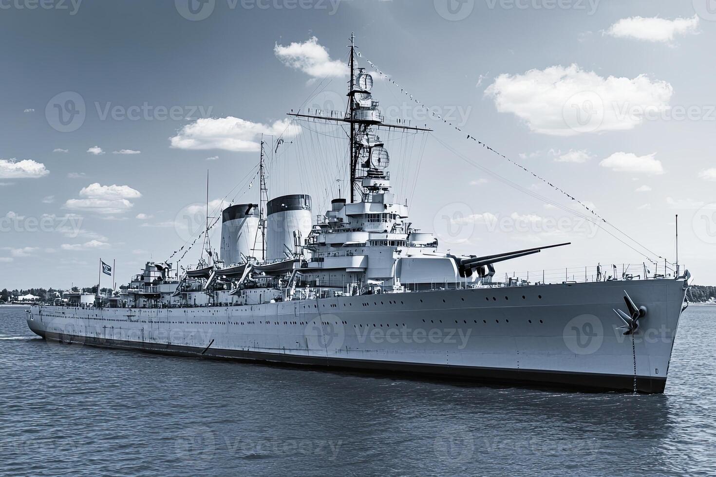 Historic battleship sailing on water under a blue sky. photo