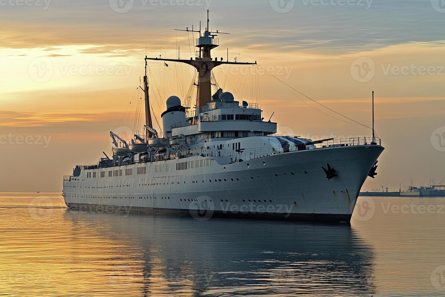 Luxury ship anchored at sunset on calm waters. photo