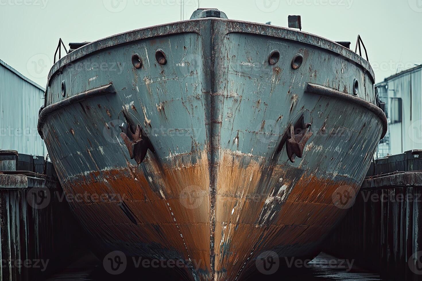 Rusty ship bow in a dock with weathered textures. photo