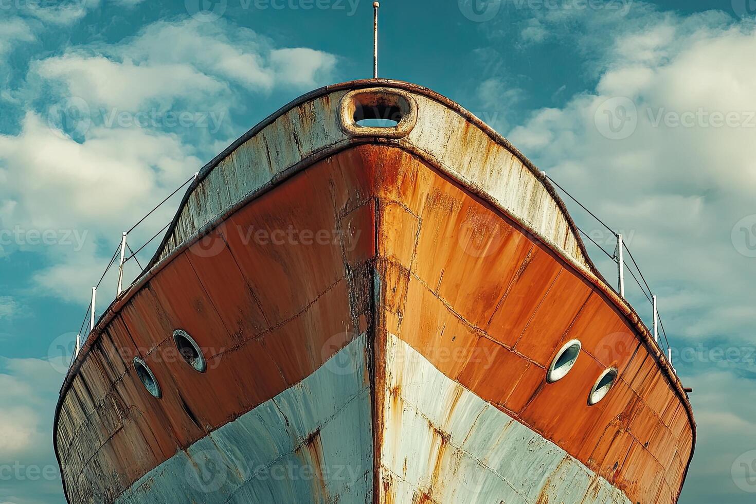 Rusty ship bow under a cloudy sky. photo