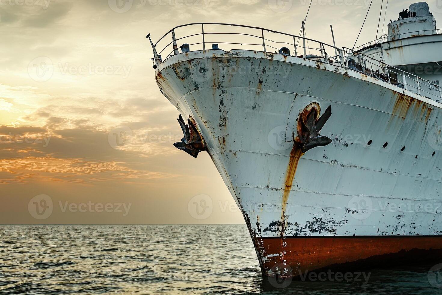 Rusty ship bow at sunset over calm waters. photo