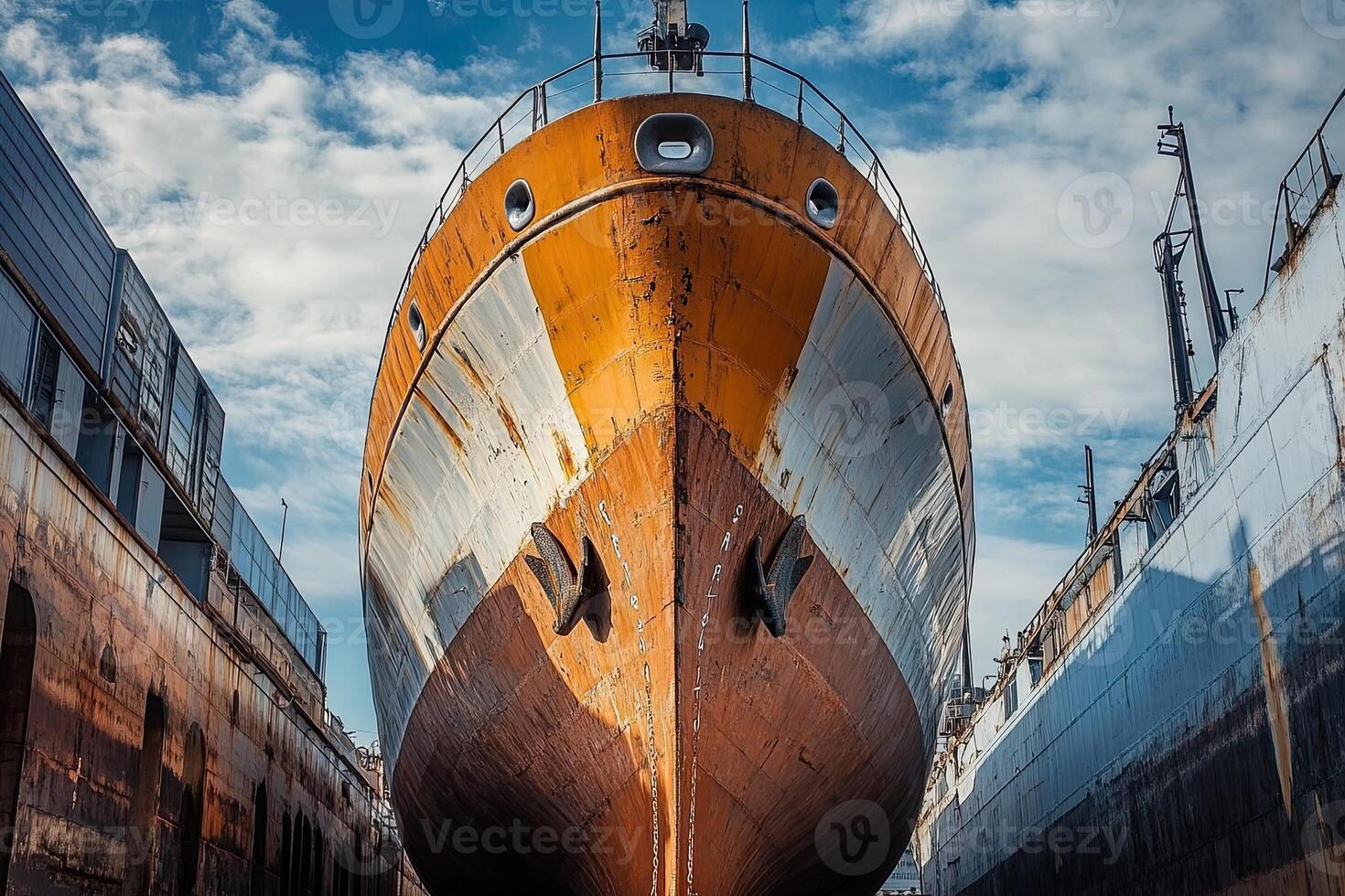 Rusty ship in dry dock under a cloudy sky. photo
