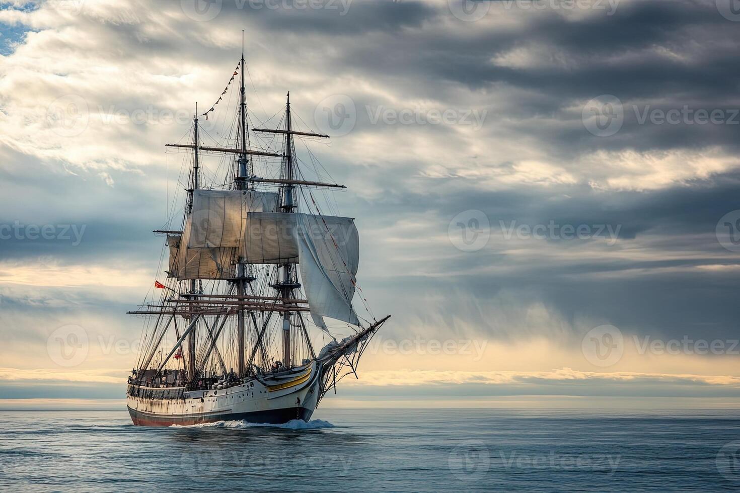 Sailing ship gliding through calm waters under cloudy sky. photo