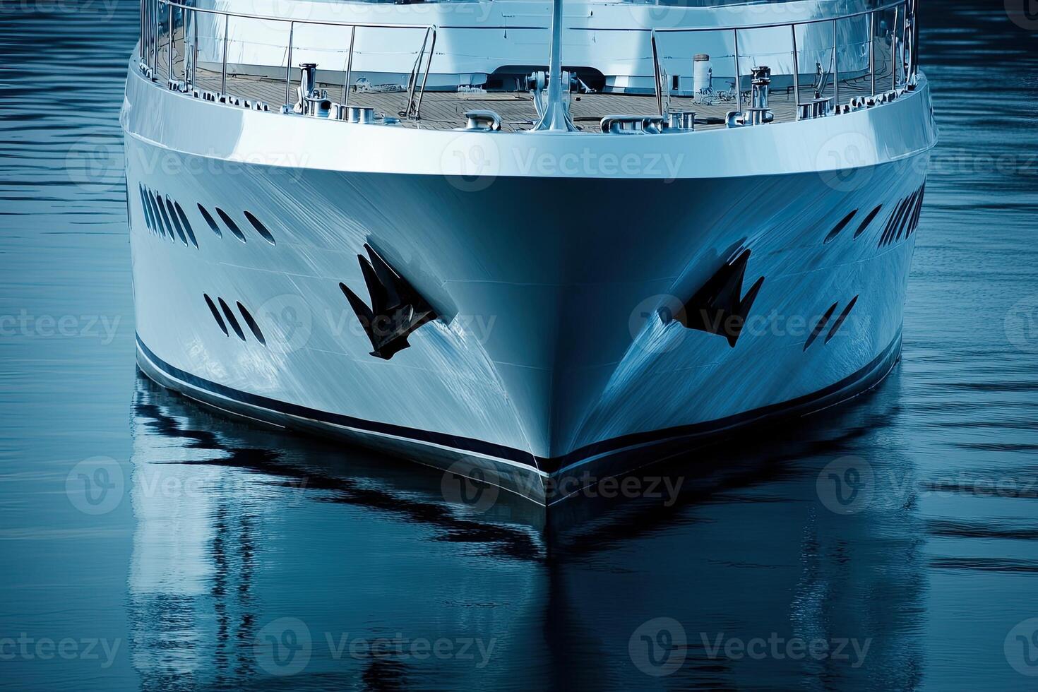 Front view of a sleek yacht on calm waters. photo