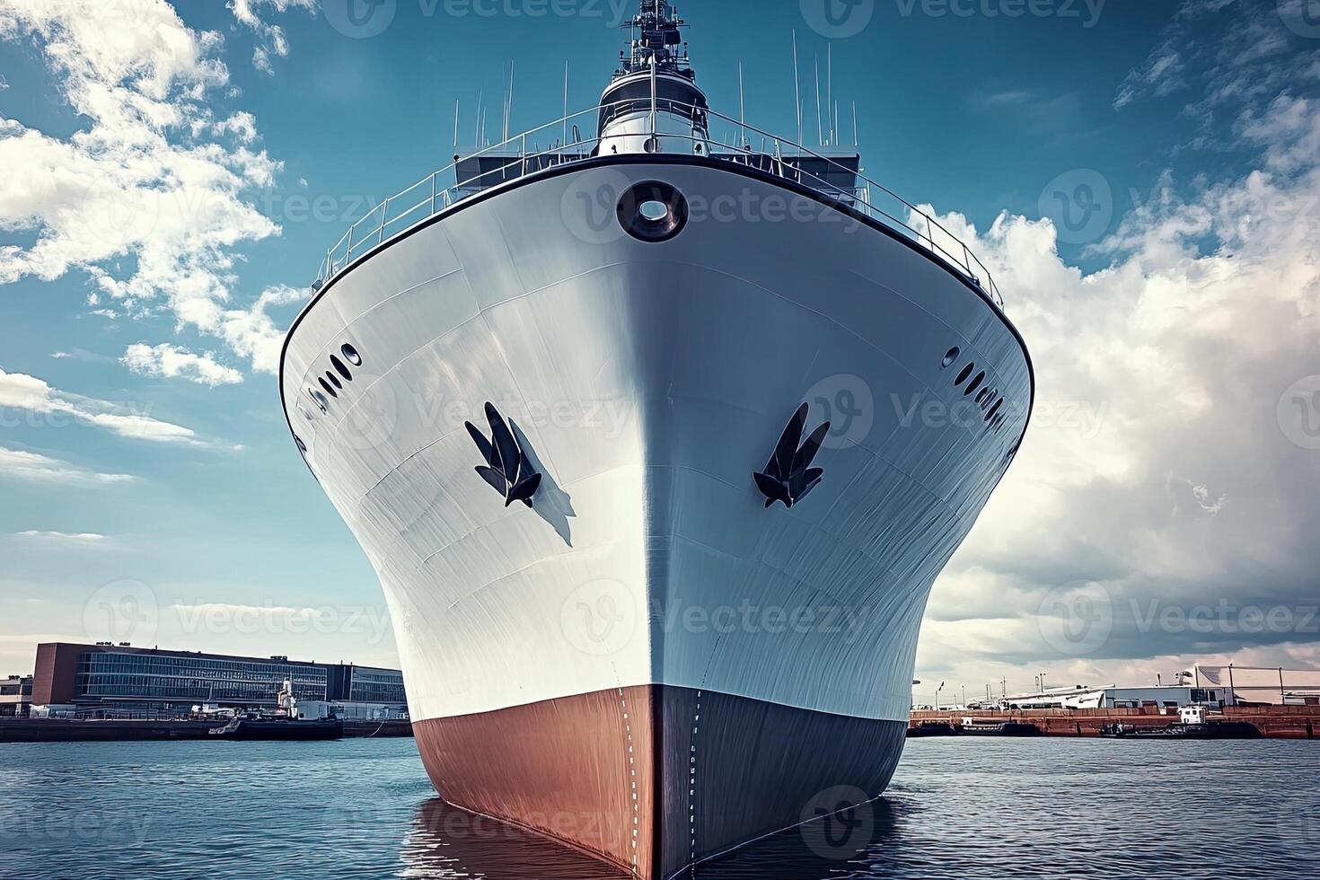 Large ship docked, showcasing its bow and hull design. photo