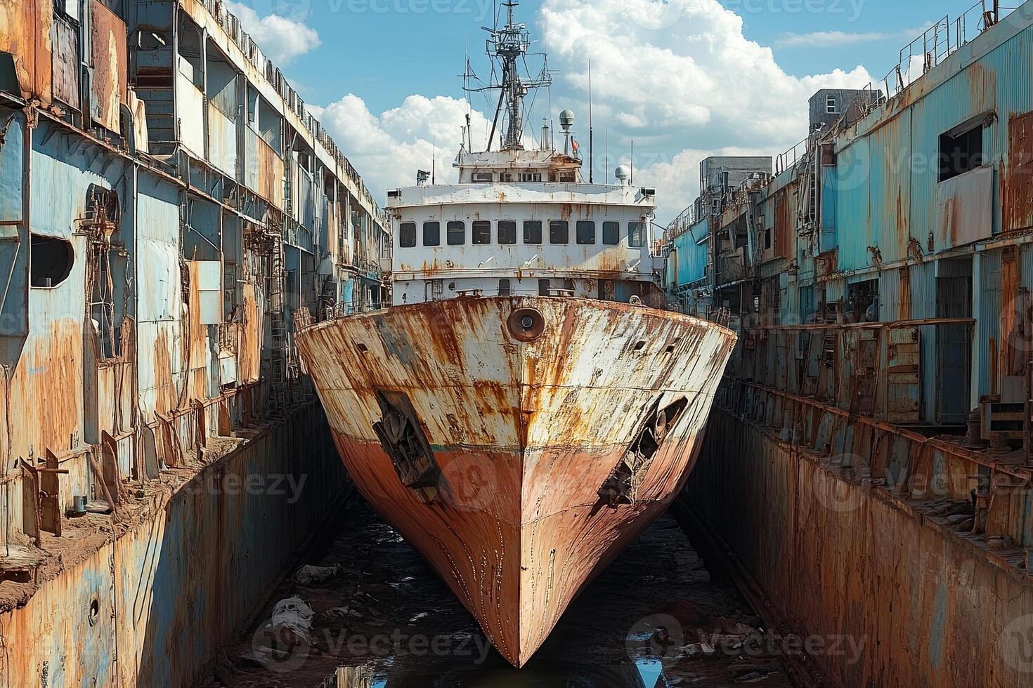 Rusty ship in a dry dock surrounded by decaying structures. photo