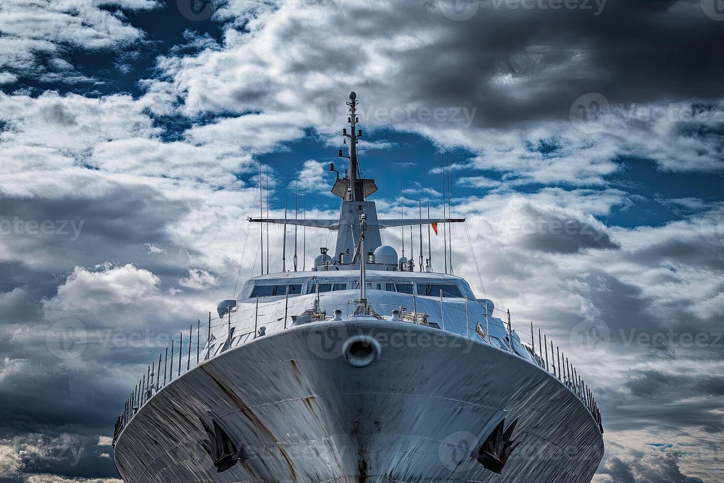 Large ship facing the viewer under a cloudy sky. photo