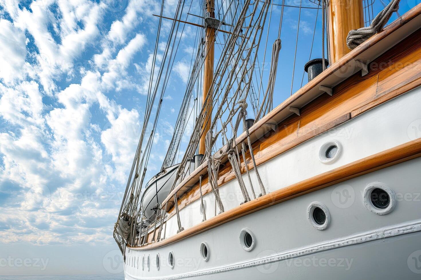Side view of a sailing ship under a cloudy sky. photo
