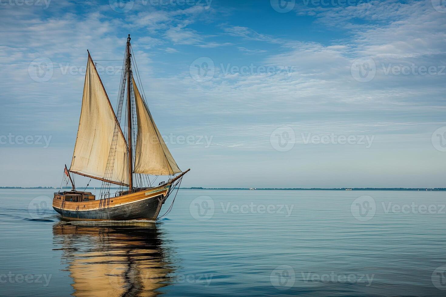 Sailboat gliding across calm waters under a blue sky. photo