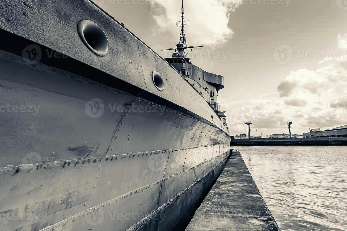 Ship docked beside a concrete pier in monochrome tones. photo