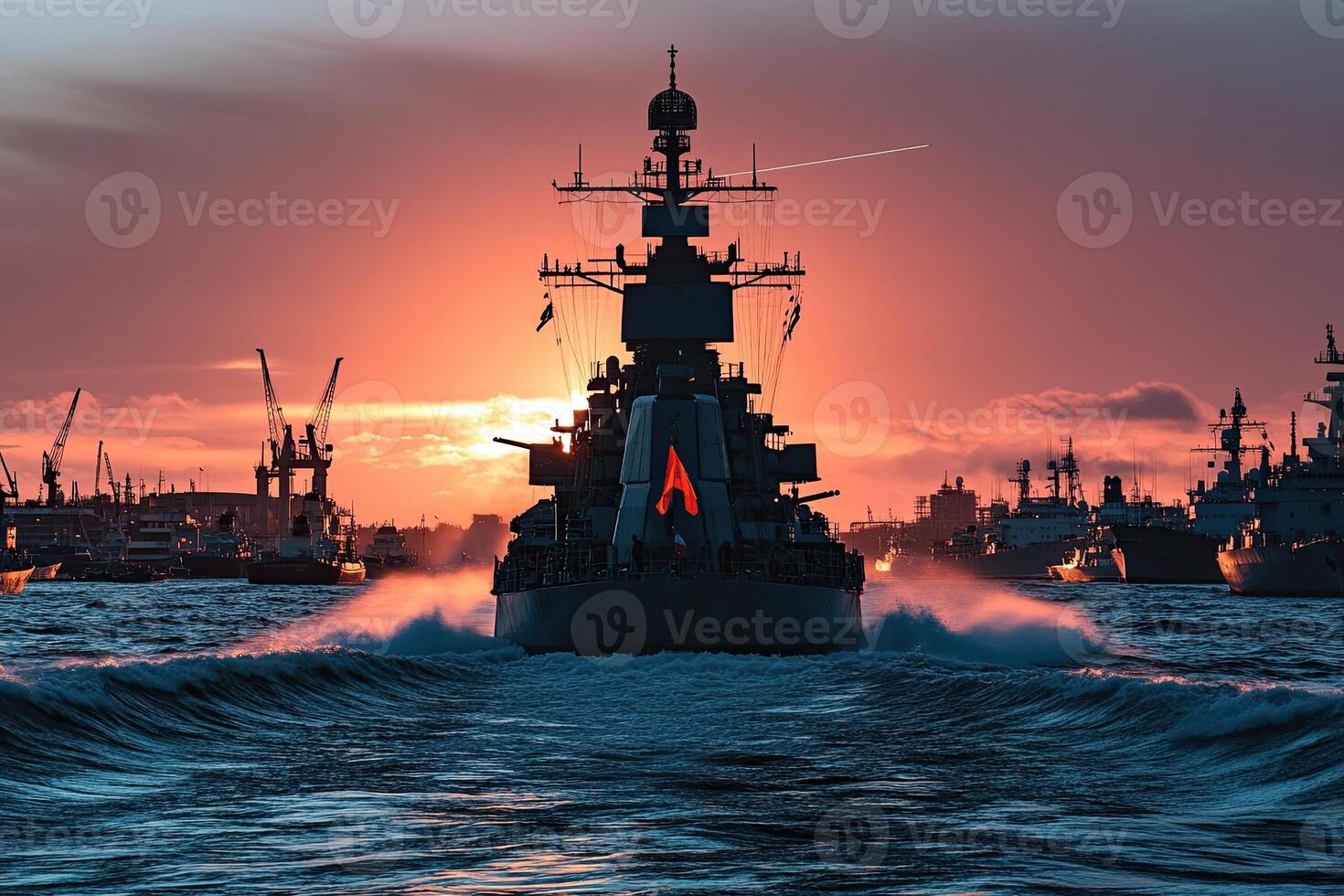 Naval ship navigating at sunset with industrial backdrop. photo