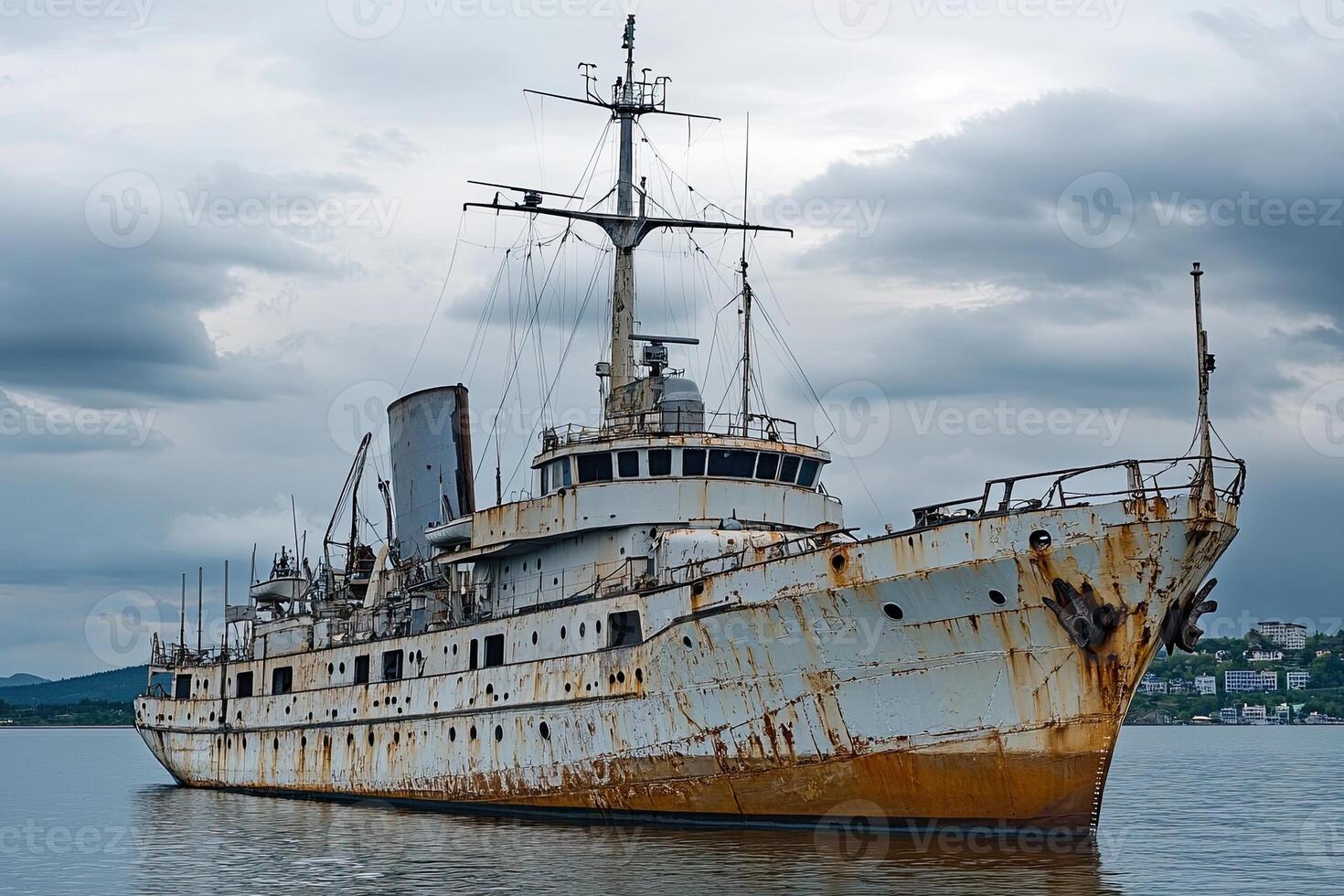 Rusty ship docked in calm waters under cloudy skies. photo