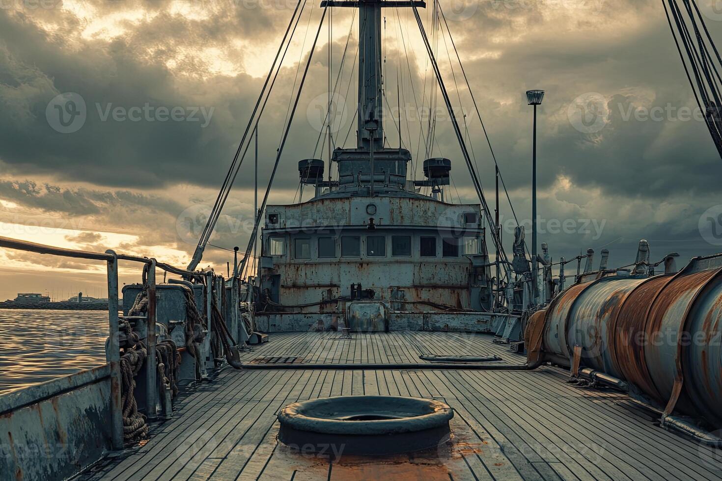 Rusty ship deck under moody skies at sunset. photo