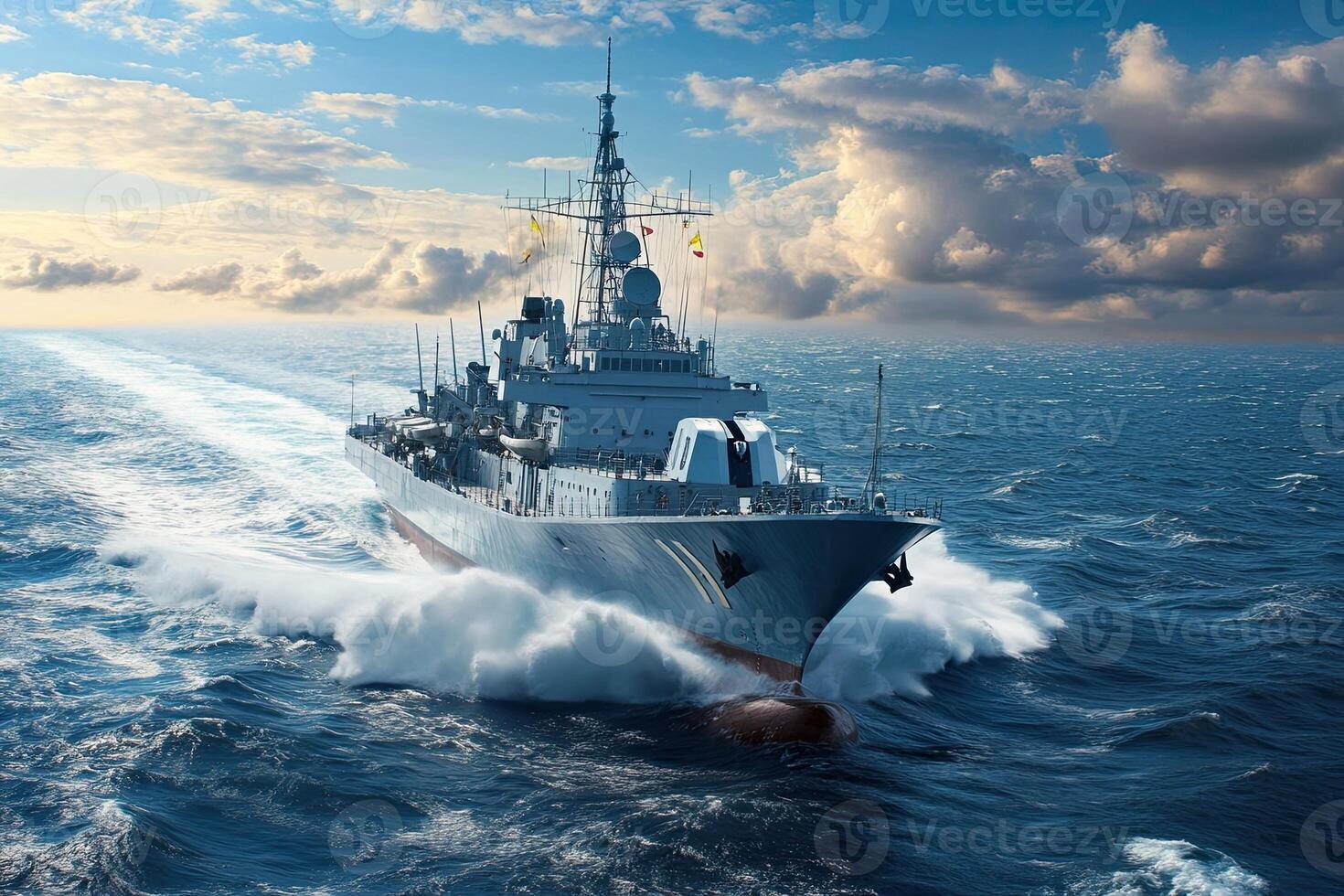 Warship navigating through ocean waves under cloudy sky. photo