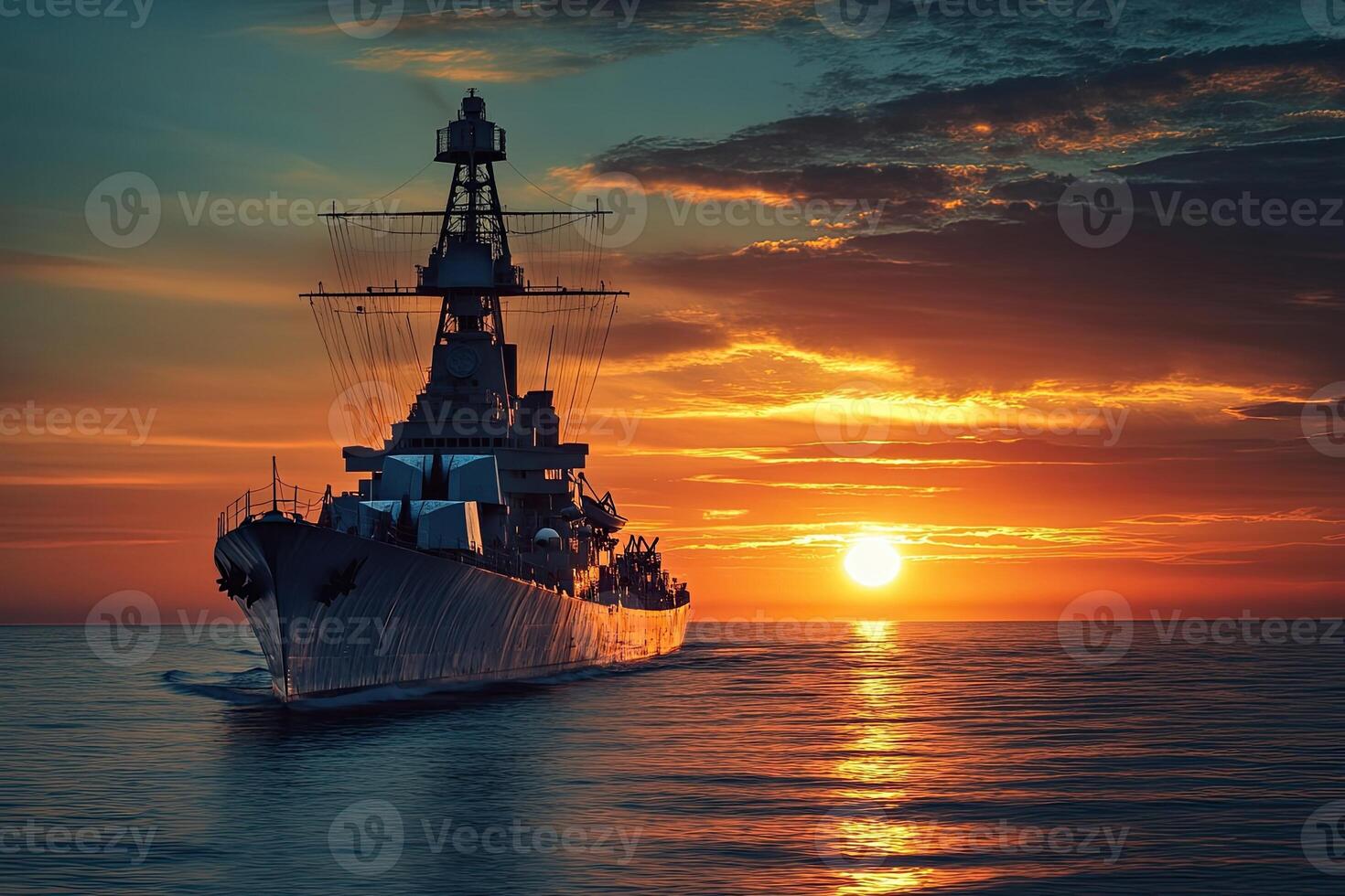 Warship sailing into a vibrant sunset over the ocean. photo