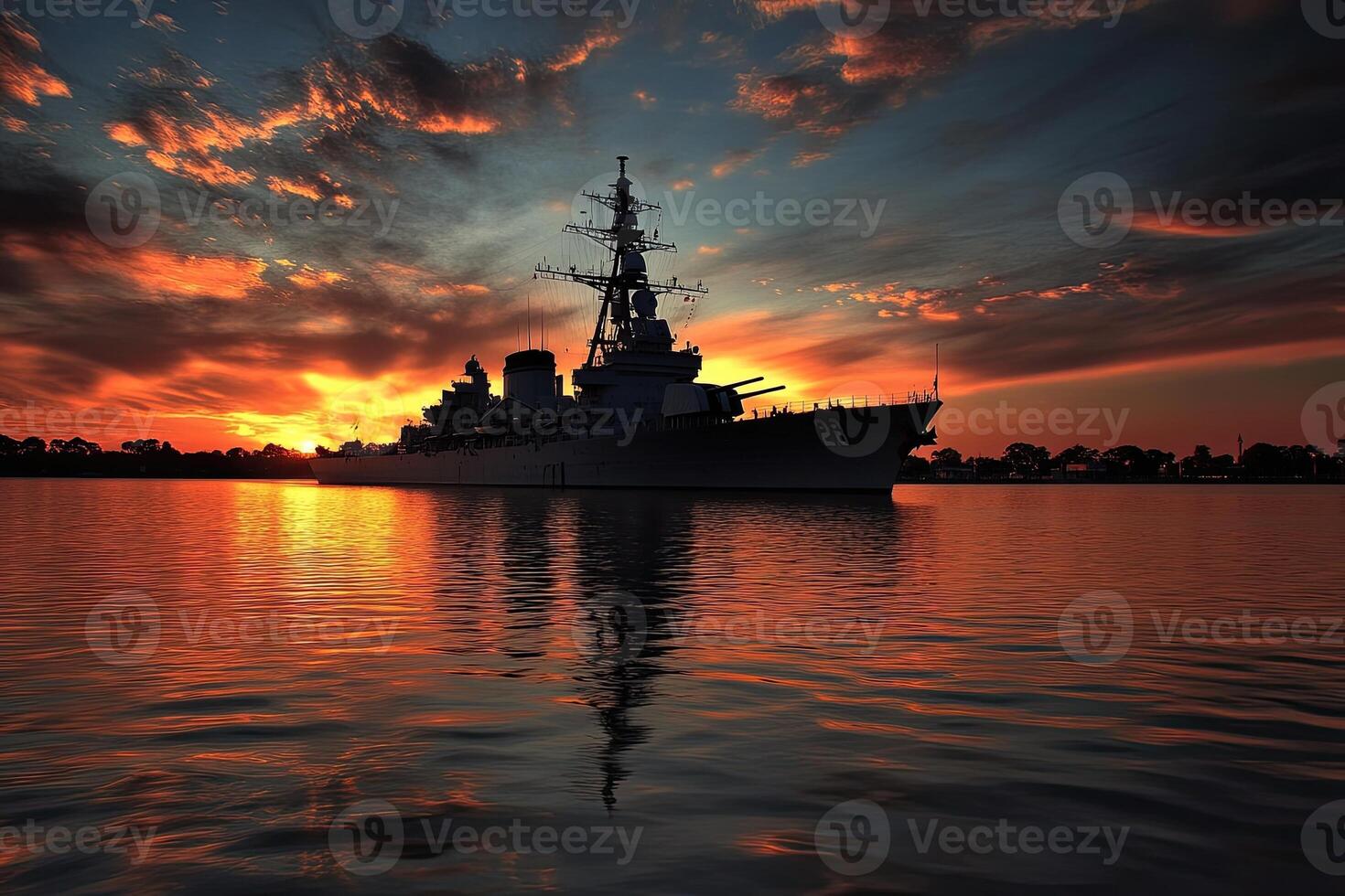 Warship silhouetted against a vibrant sunset reflection. photo
