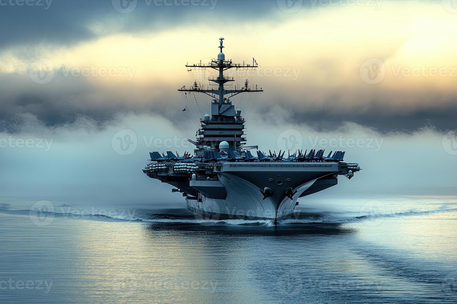 Aircraft carrier navigating through foggy waters. photo