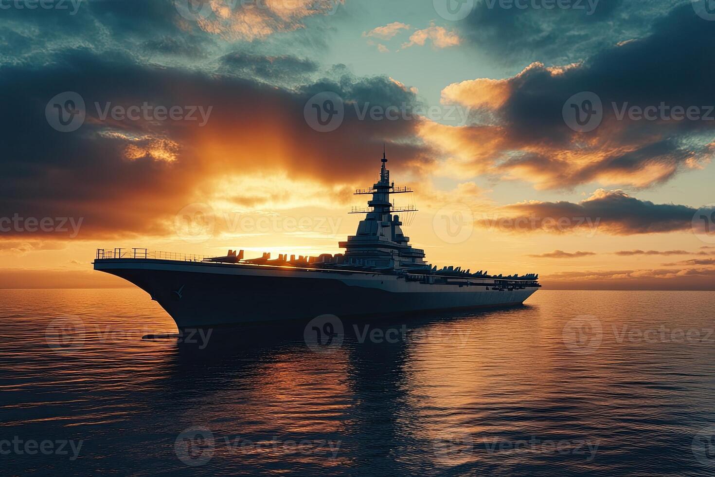 Aircraft carrier silhouetted against a sunset at sea. photo