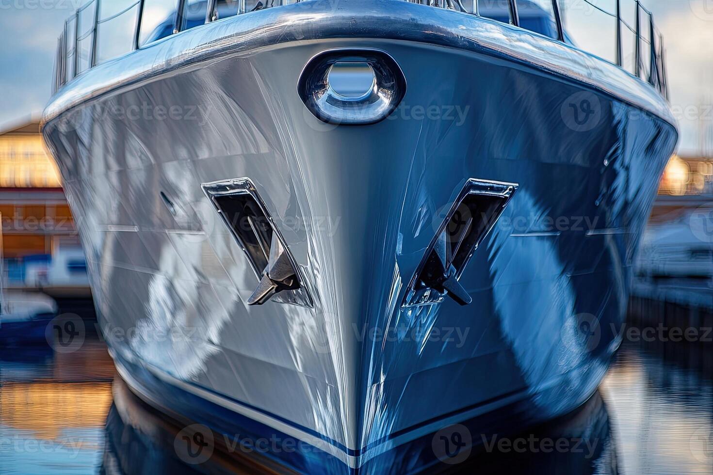 Close-up of a sleek yacht bow reflecting in water. photo