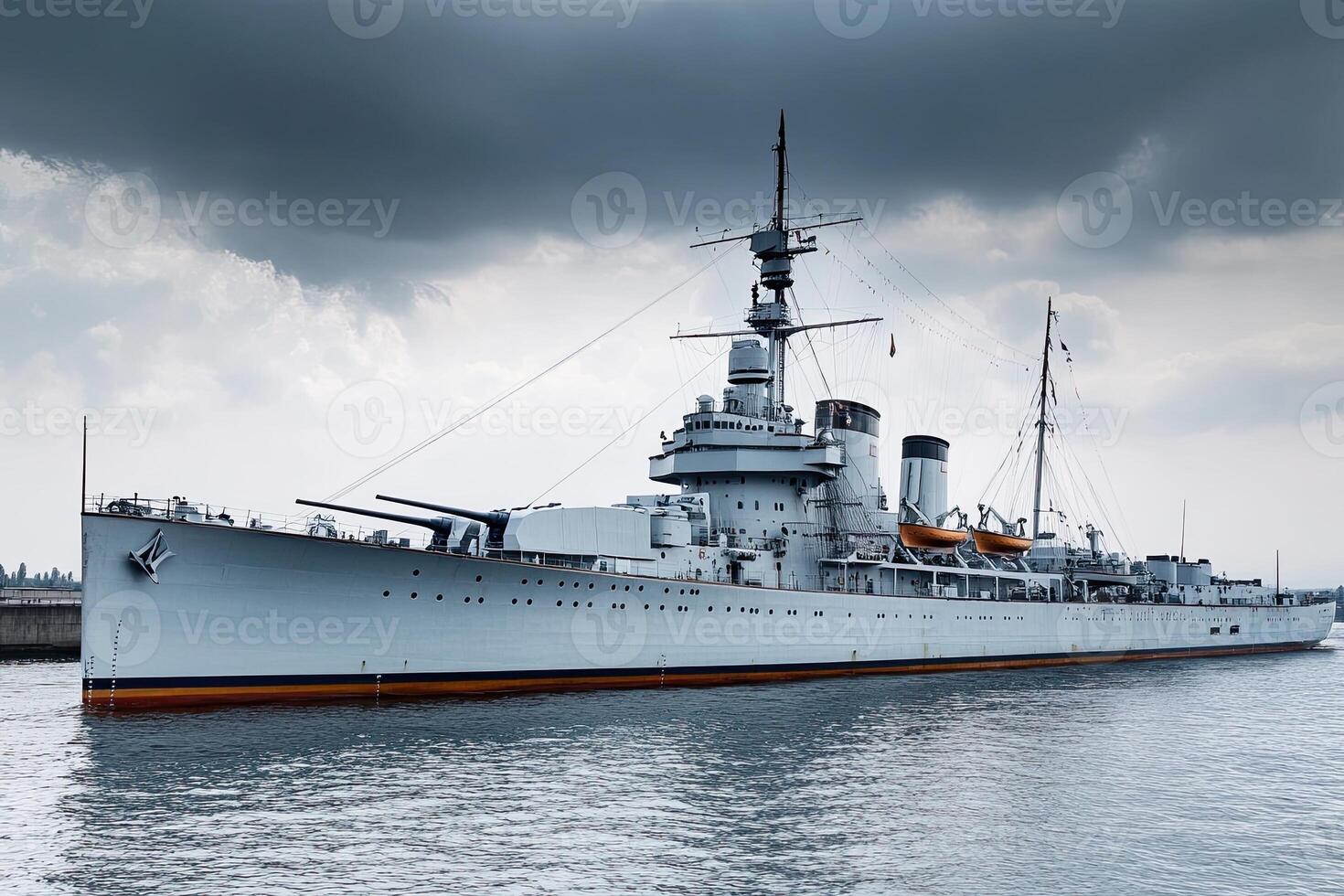 Historic battleship docked in calm waters under cloudy sky. photo