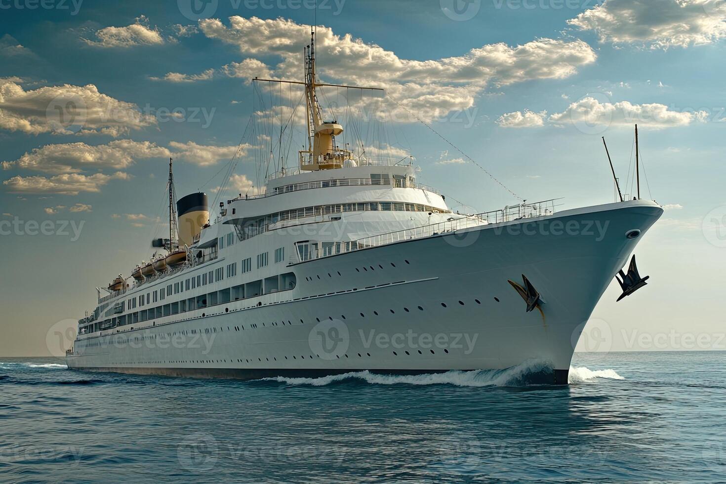 Elegant cruise ship sailing on calm waters under cloudy sky. photo