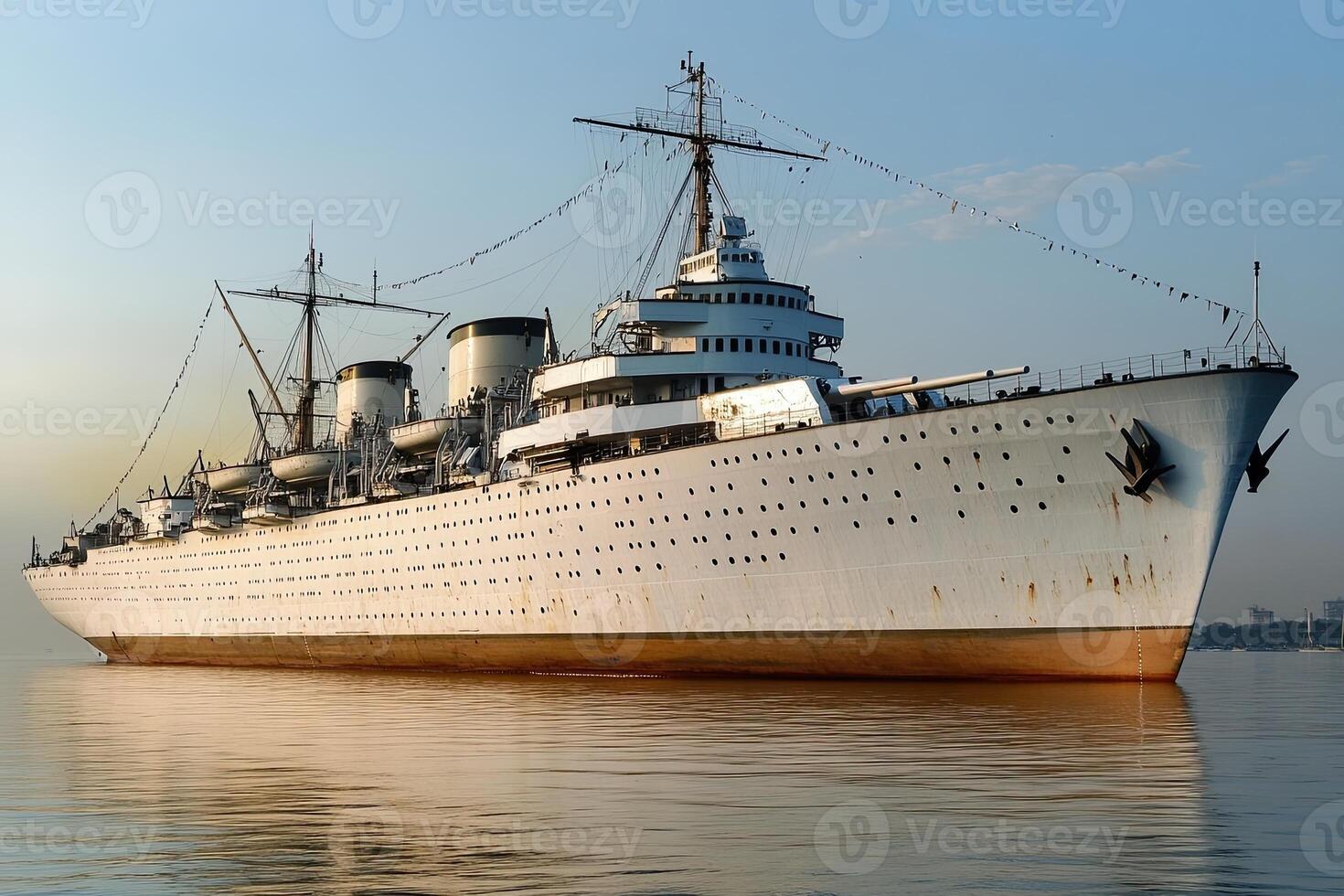Historic ship anchored in calm waters at sunset. photo