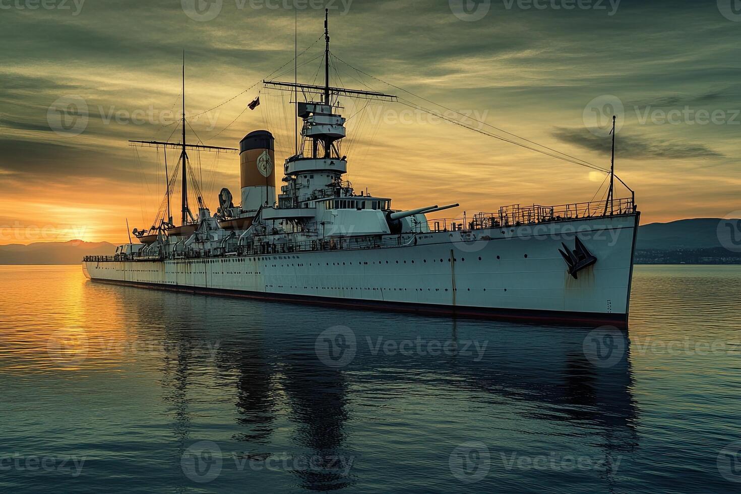 Historic ship anchored at sunset on calm waters. photo