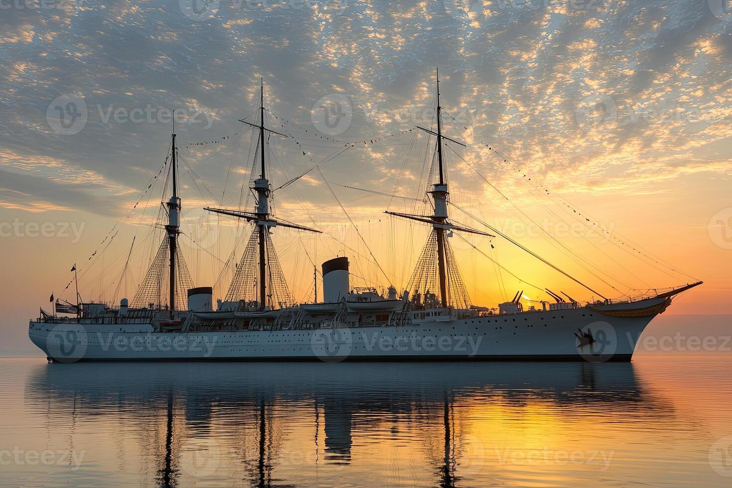 Historic ship at sunset reflecting on calm waters. photo
