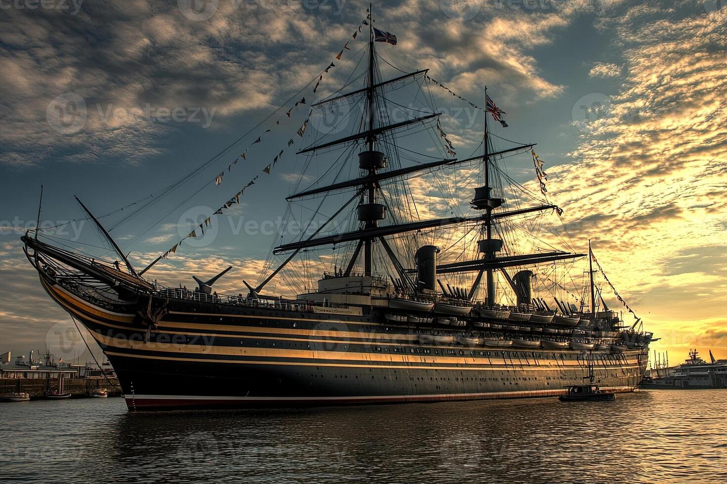Historic ship docked at sunset, showcasing maritime heritage. photo